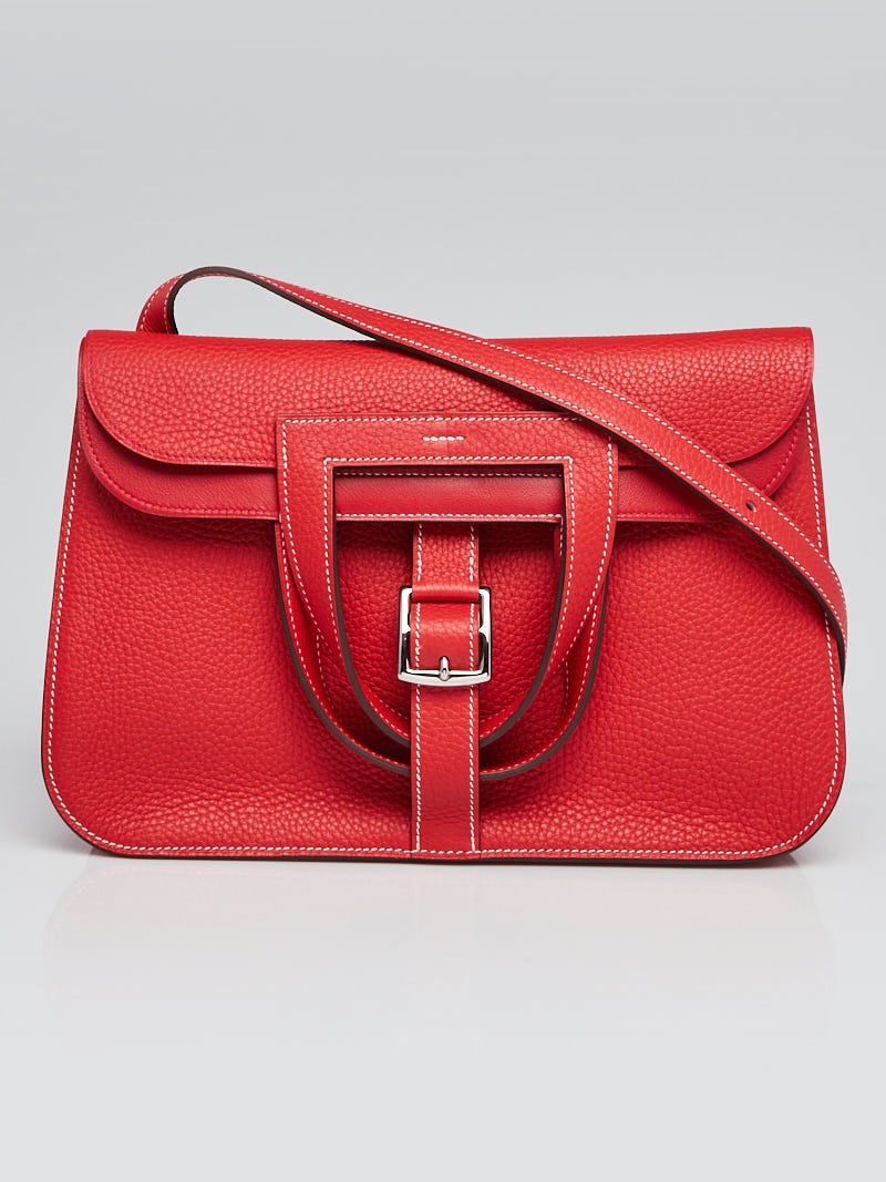 Hermes 31cm Rouge Tomate Clemence Leather Palladium Plated Halzan