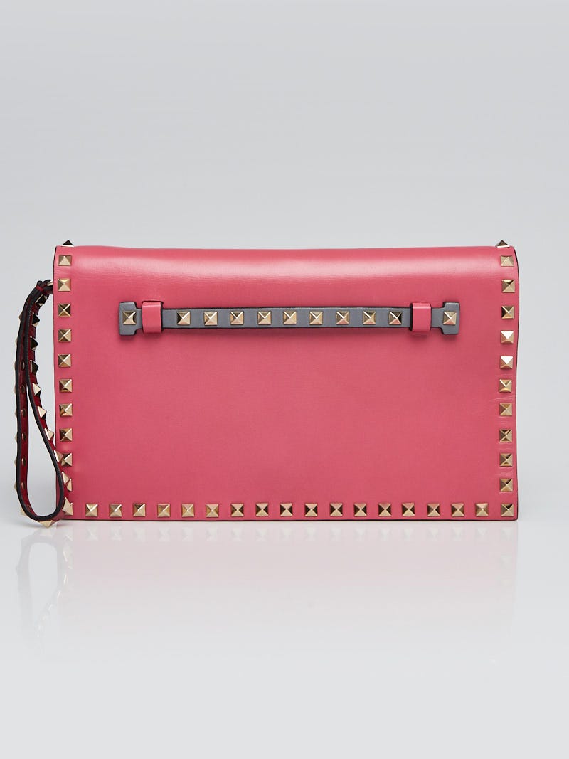 Valentino Neon Pink Nappa Leather Rockstud Clutch Bag Closet