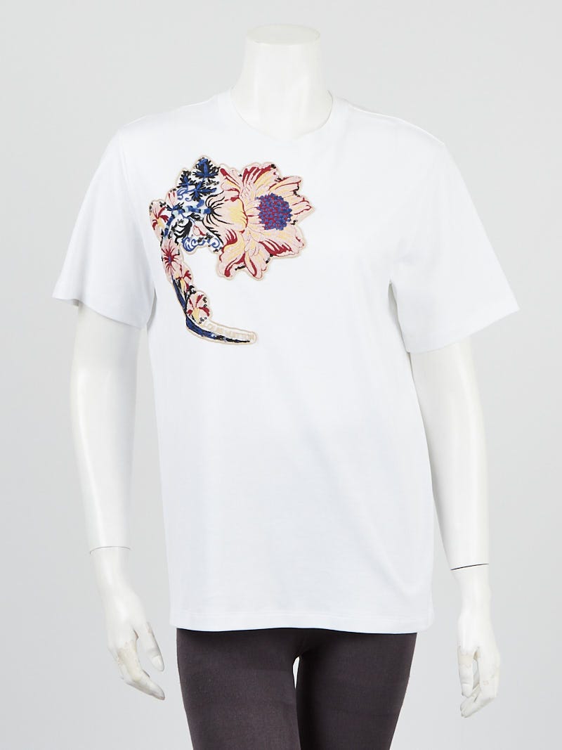 Louis Vuitton White Cotton Floral Applique T-Shirt Size M