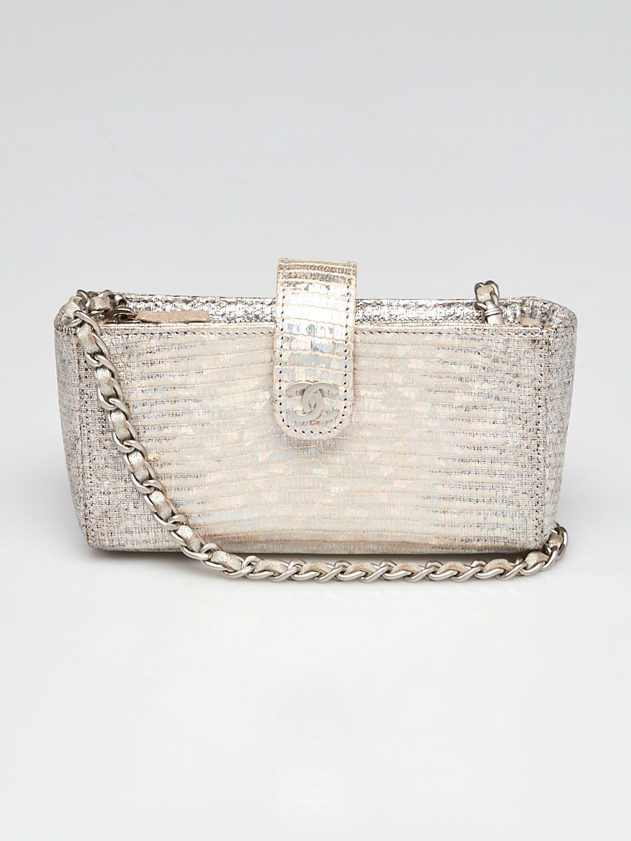 Chanel Metallic Silver Lizard Mini Phone Holder Clutch Bag w/ Chain Strap -  Yoogi's Closet