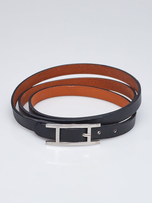 Hermes Black Chamonix Leather Palladium Plated Hapi 3 Triple Tour Bracelet Size M