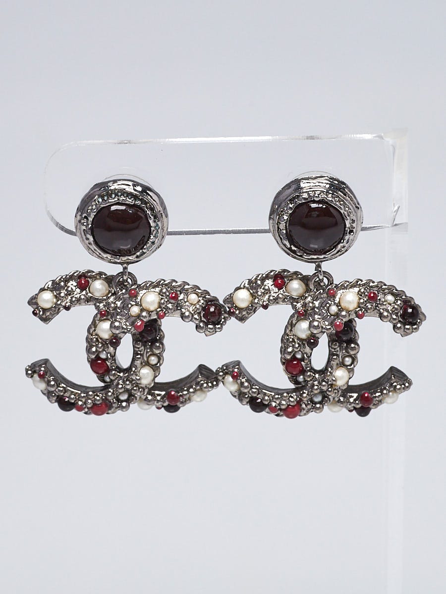 Chanel Silvertone Metal and Faux Pearl CC Dangle Earrings