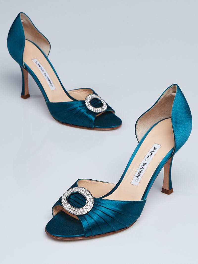 Manolo Blahnik Turquoise Satin Sedaraby d'Orsay Peep-Toe