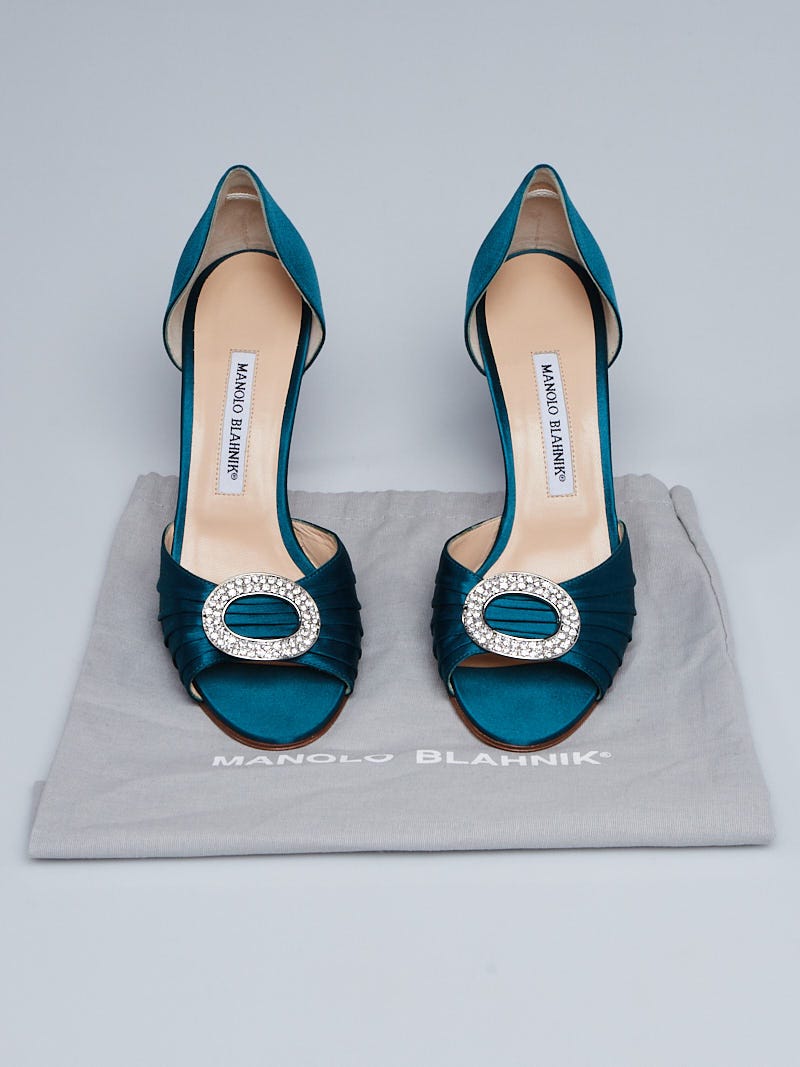 Manolo Blahnik Turquoise Satin Sedaraby d'Orsay Peep-Toe