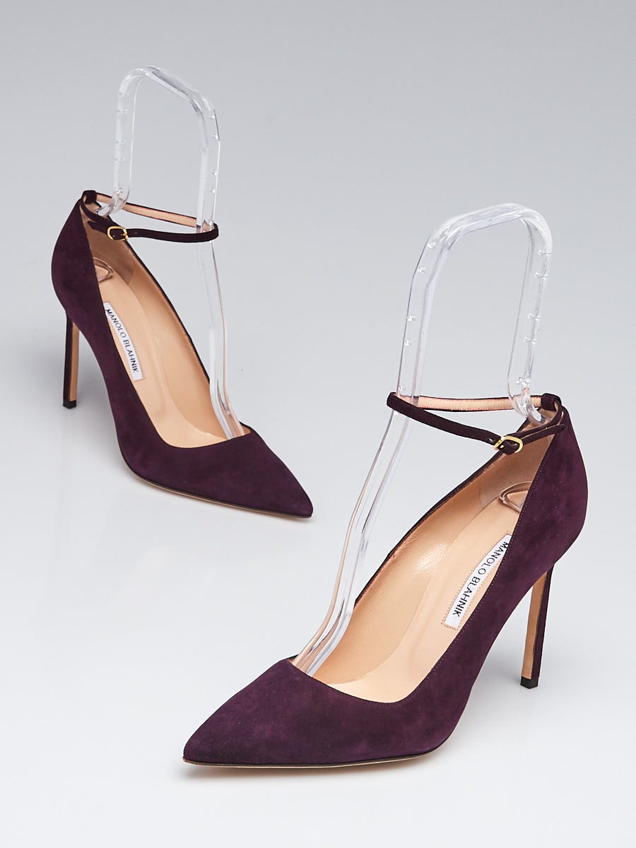 Manolo Blahnik Dark Purple Suede Ankle Wrap Pointed Toe BB 105 Pumps Size 7.5/38