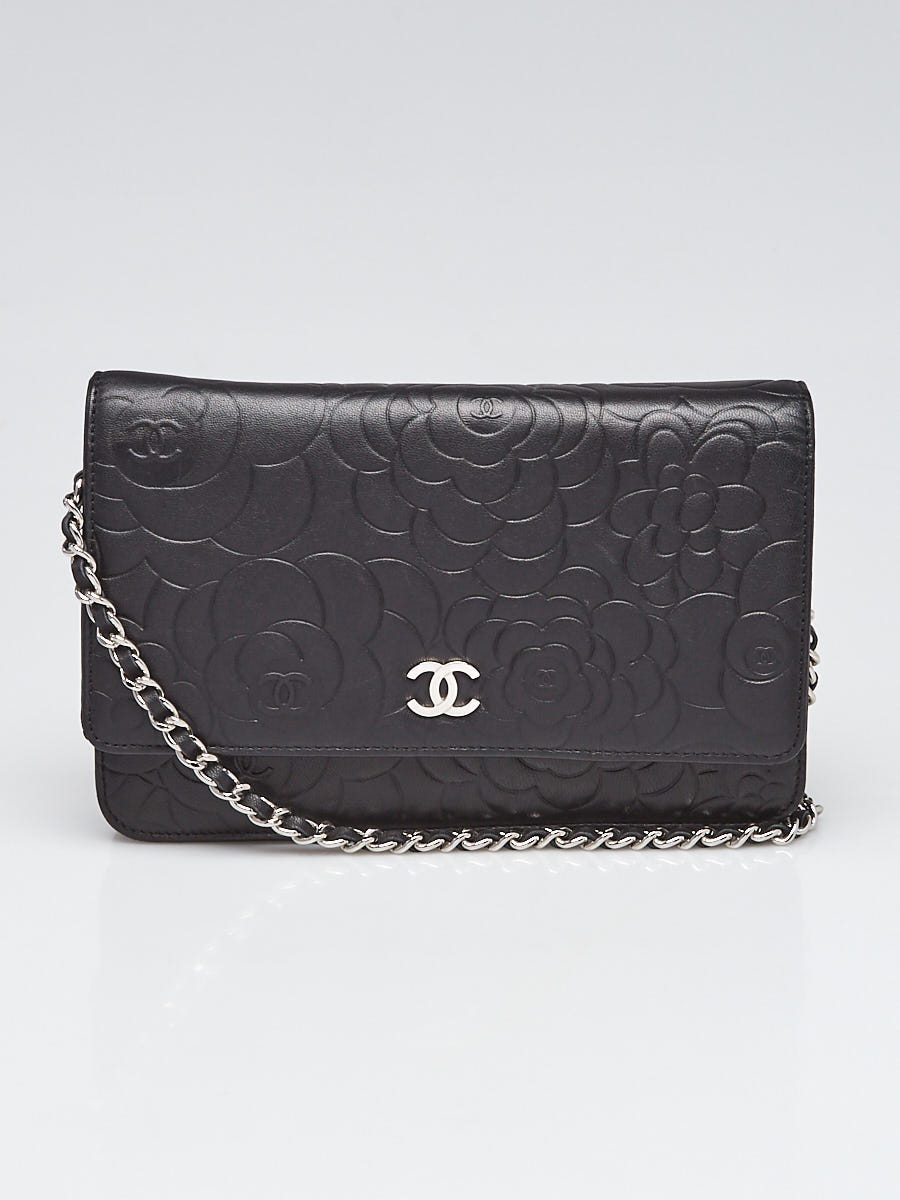 Chanel Black Lambskin Leather Camellia Embossed WOC Clutch Bag