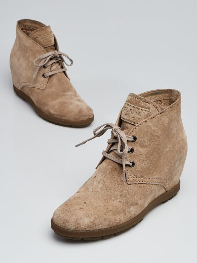 Prada Beige Suede Desert Wedge Ankle Boots Size 6.5/37