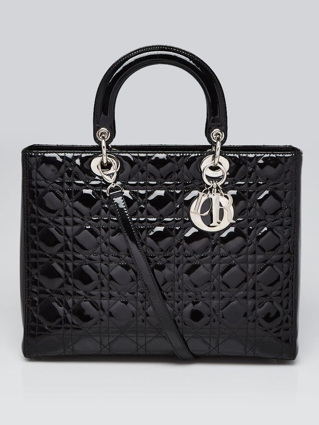Christian Dior Black Cannage Quilted Patent Leather Large Lady Dior Tote Bag