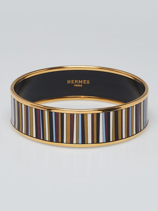 Hermes Multicolor Striped Enamel Gold Plated Wide Bangle Bracelet