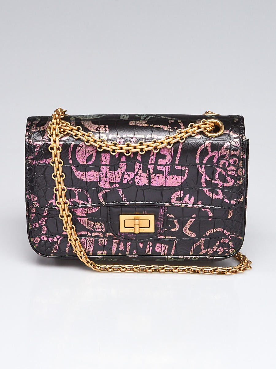 Chanel Black and Gold Graffiti Crocodile Embossed Calfskin 2.55 Reissue 224 Flap Bag Gold Hardware, 2019 (Very Good)
