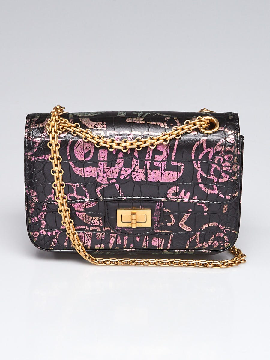 Chanel Black Graffiti Croc Embossed Leather Reissue 2.55 Classic