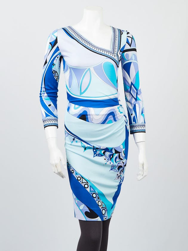 Emilio Pucci Blue Multicolor Geometric Print Viscose Blend Long Sleeve  Dress Size 6/38