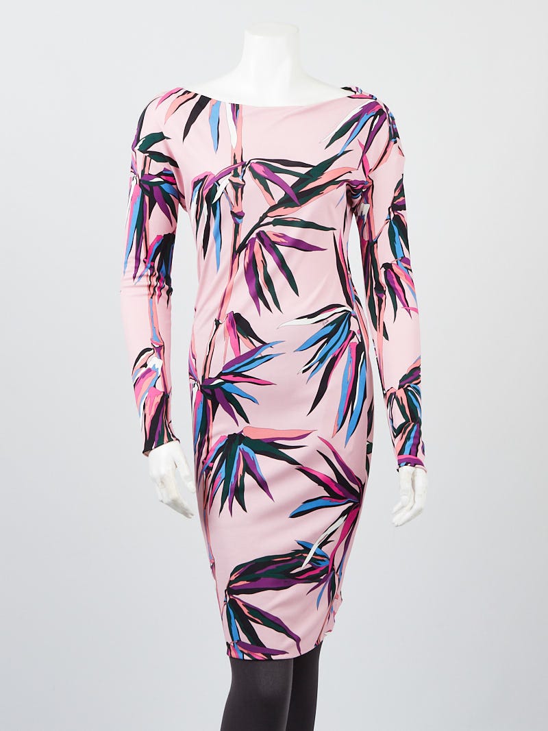 Emilio Pucci Pink Multicolor Tropical Print Viscose Blend Long Sleeve Dress Size 6/38