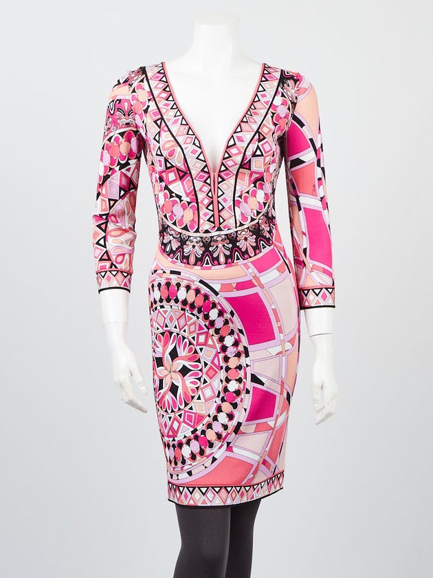 Emilio Pucci Pink  Geometric Print Viscose Blend V-Neck Long Sleeve  Dress Size 6/38