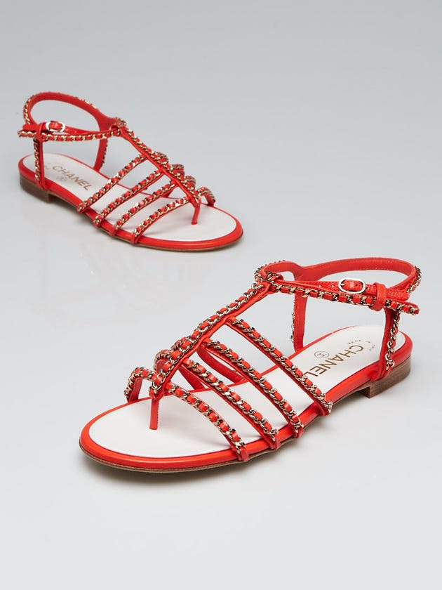 Chanel Orange Leather and Chain Entwined Open-Toe Flat Sandals Size 8.5/39