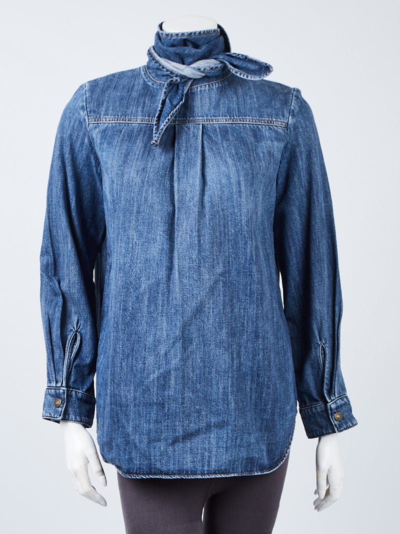Chloe Blue Denim Reverse Neck Tie Blouse Size 4/36