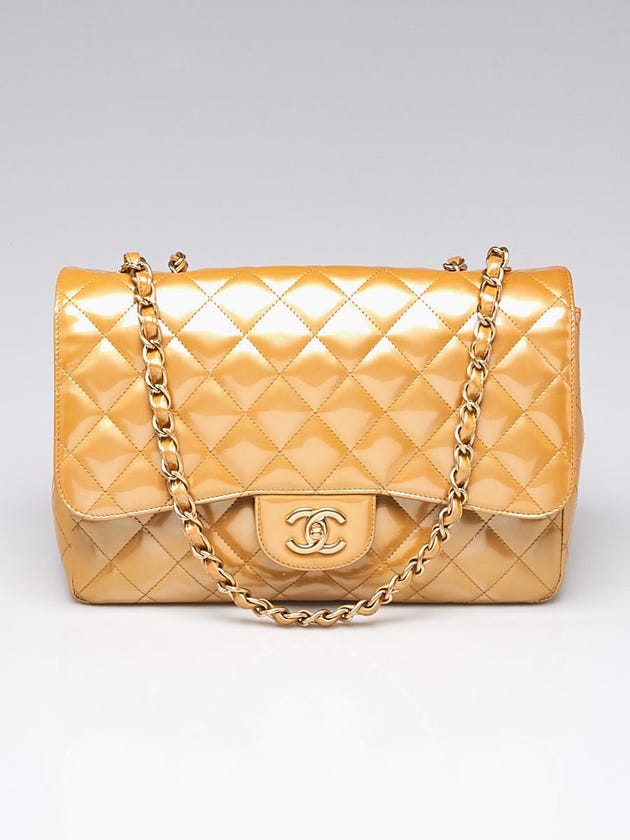 Chanel Gold Quilted Patent Leather Classic Single Jumbo Flap Bag