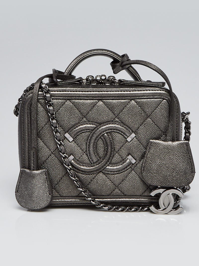 Chanel Dark Silver Quilted Caviar Leather Filigree Small Vanity