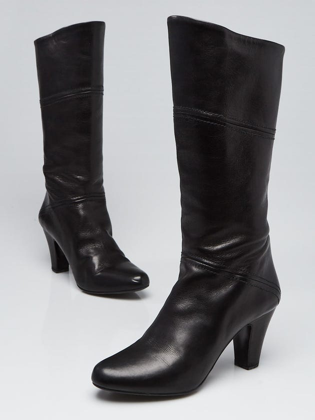 Prada Black Leather Mid-Calf Heeled Boots Size 5/35.5