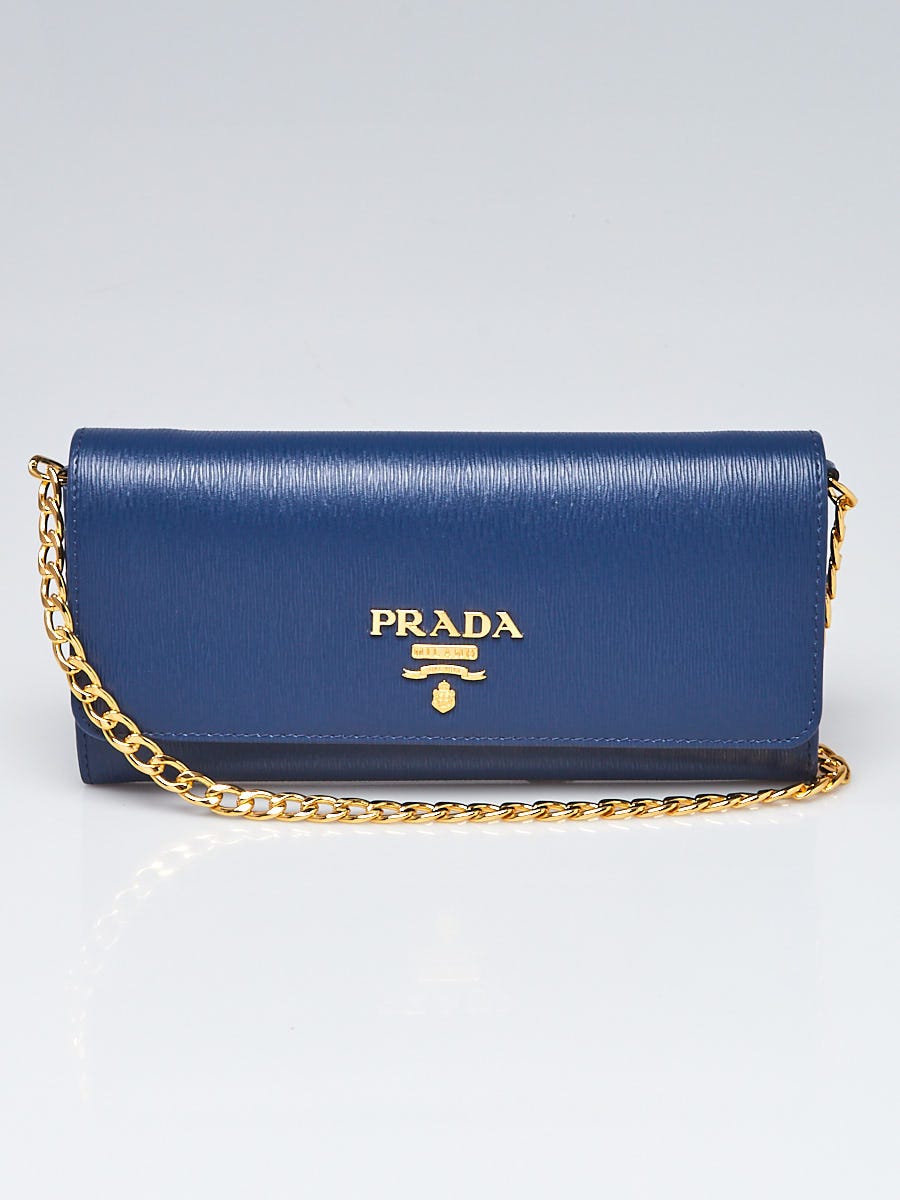 Prada Blue Saffiano Lux Leather Metal Oro Chain Wallet Prada