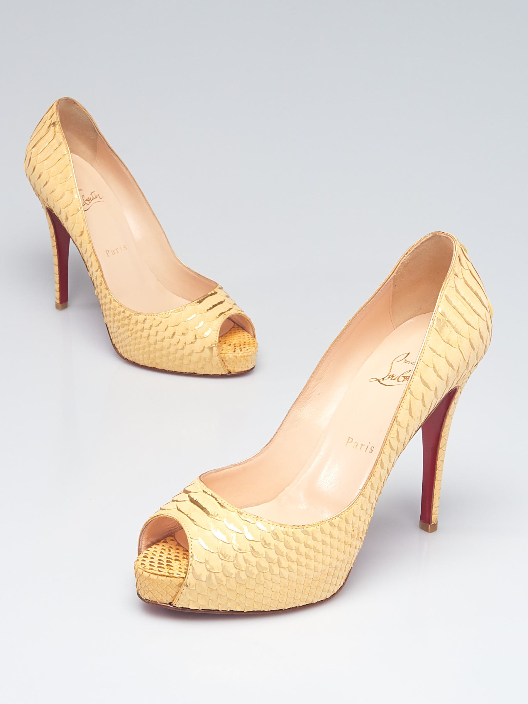 Christian Louboutin Yellow Gold Matte Python Very Prive Peep Toe