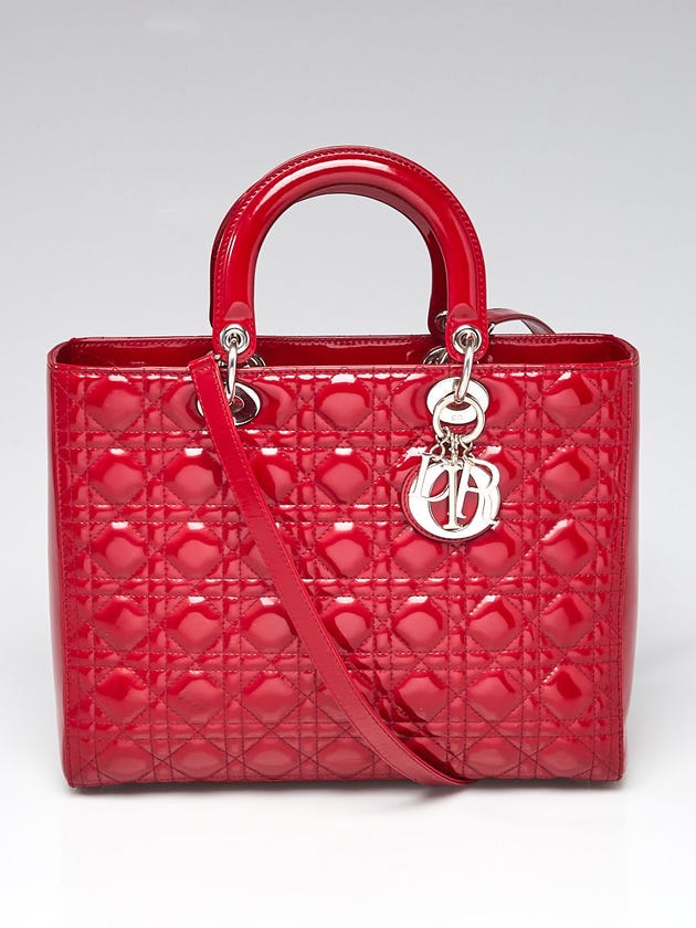 Christian Dior Red Cannage Quilted Patent Leather Large Lady Dior Tote Bag