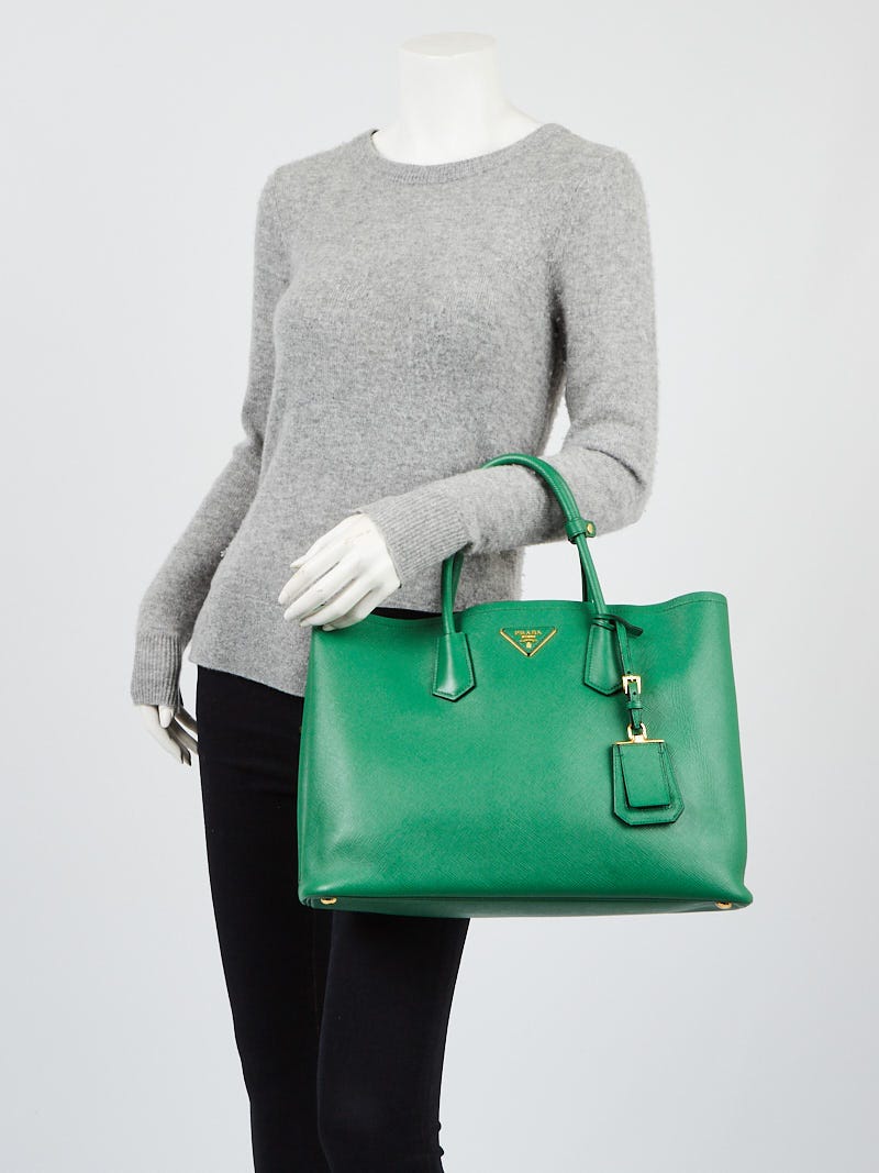 Prada Green Saffiano Cuir Leather Medium Double Tote Bag Prada