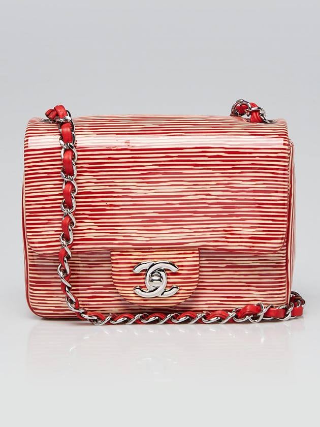 Chanel Red/White Striped Patent Leather Classic Mini Flap Bag