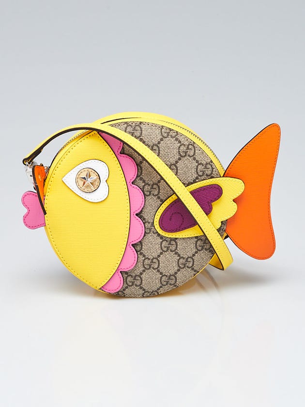 Gucci Yellow/Multicolor Leather GG Supreme Canvas Kids Fish Shoulder Bag
