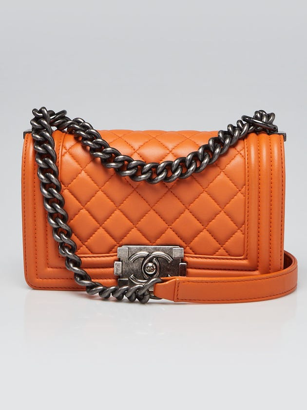 Chanel Orange Quilted Lambskin Leather Small Boy Bag