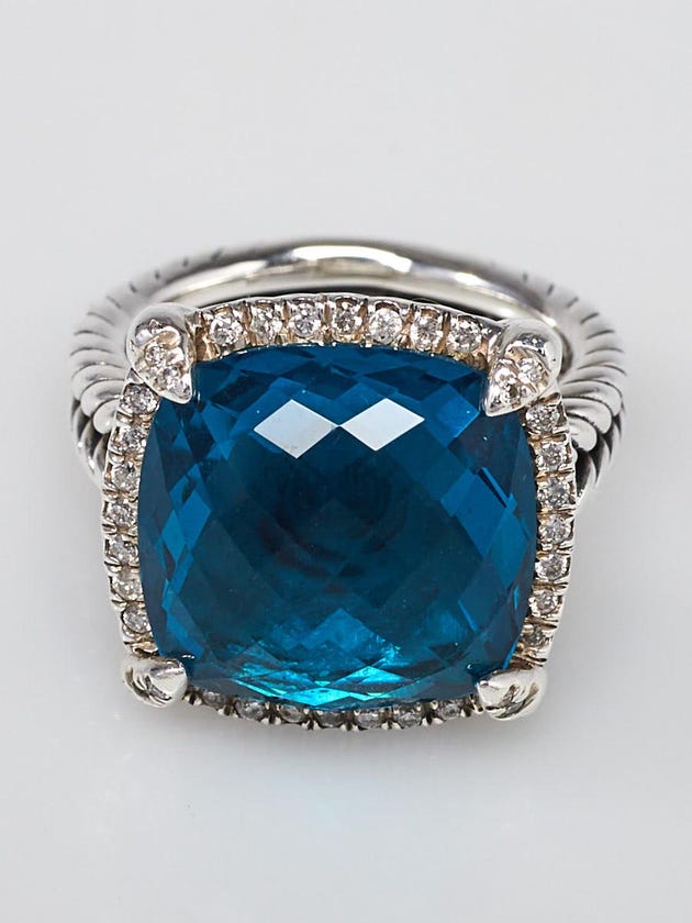 David Yurman 14mm Hampton Blue Topaz and Diamond Chatelaine Ring Size 6