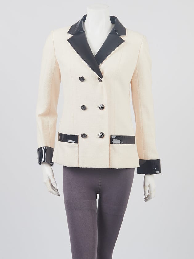 Chanel Ivory/Black Wool Crepe and Patent Camellia Blazer Size 6/38