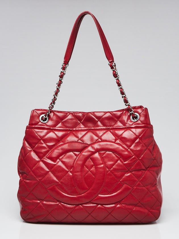 Chanel Red Quilted Caviar Leather Timeless CC Soft Large Shopping Tote Bag