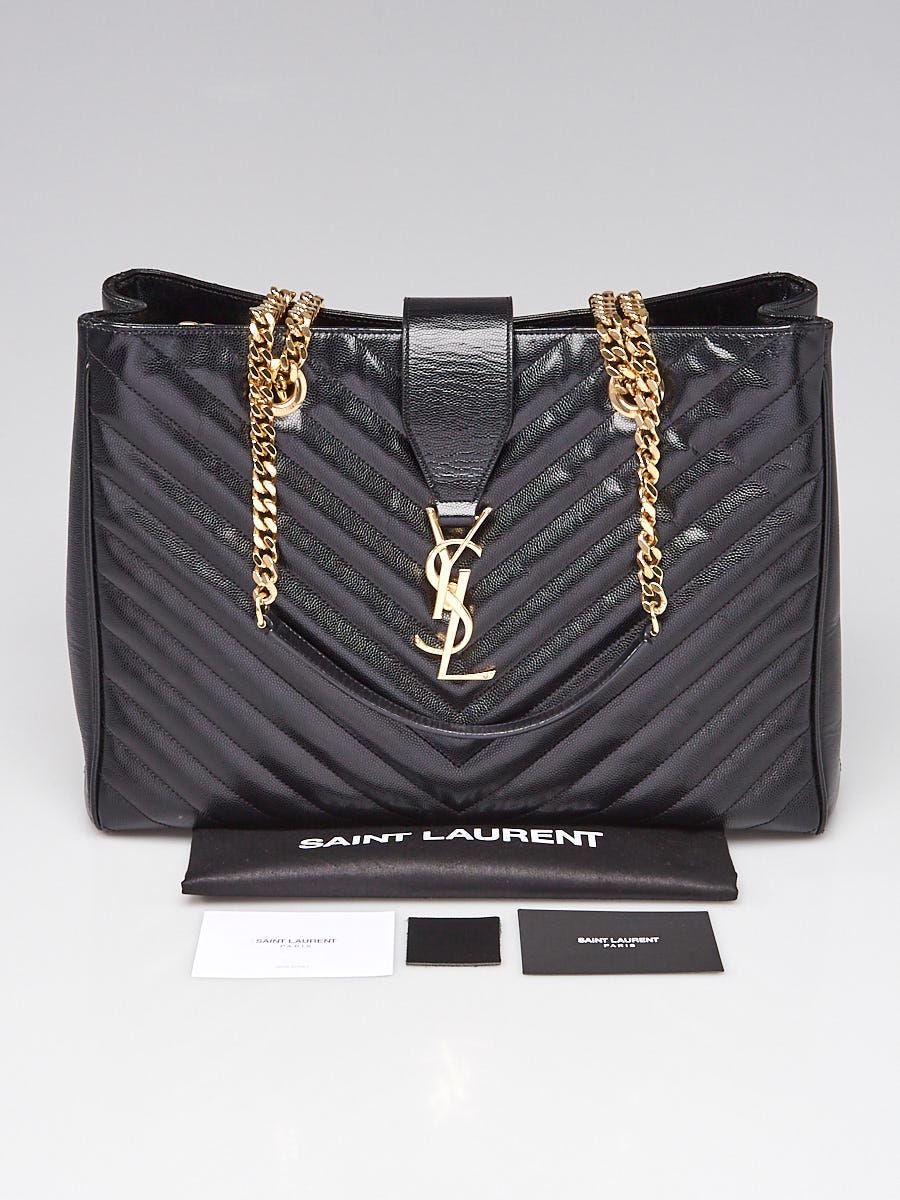 Yves Saint Laurent Black Chevron Quilted Grained Leather Monogram Tote Bag Yoogi s Closet