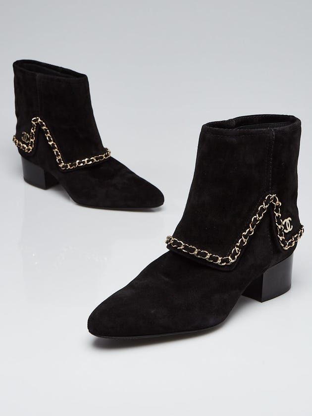 Chanel Black Suede Chain Ankle Booties Size 8/38.5