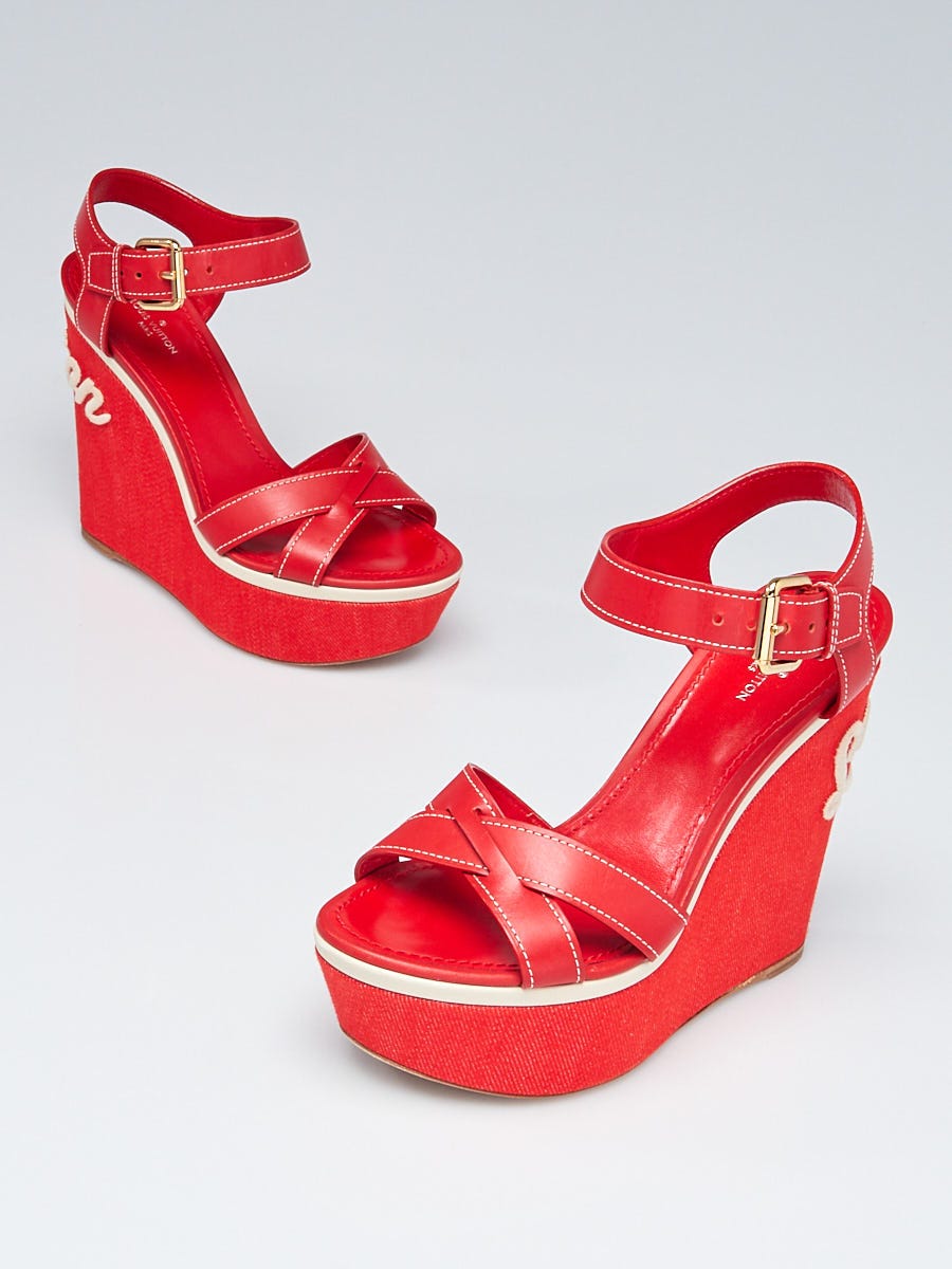 Louis Vuitton Red Canvas Studded Crosscross Strap Wedge Sandals Size 38