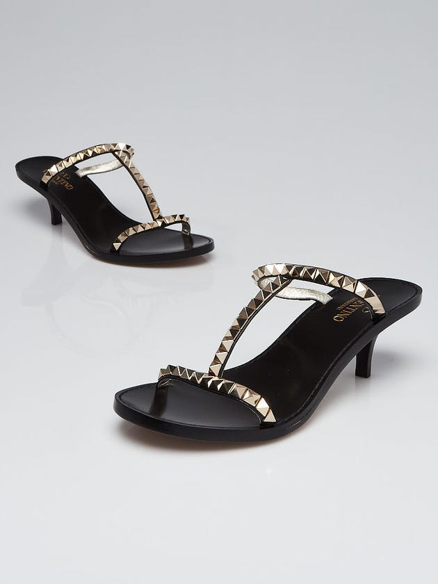 Valentino Black Leather Rockstud Slide Kitten Heel Sandals Size 4.5/35