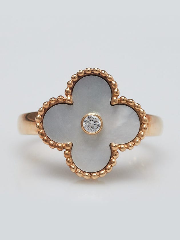 Van Cleef & Arpels 18k Yellow Gold Mother-of-Pearl and Diamond Vintage Alhambra Ring Size 6/52