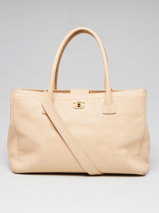 Chanel Beige Pebbled Leather Cerf Shopping Tote Bag