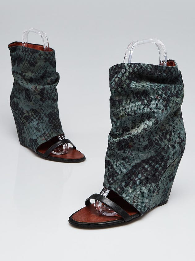 Isabel Marant Green/Black Python Print Canvas Yoyo Open Toe Wedge Sandals Size 7.5/38