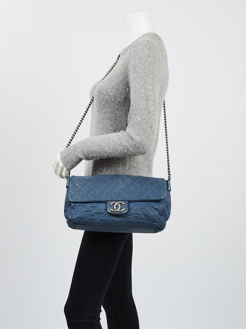 Chanel Blue Iridescent Calfskin Leather Chain Large Crossbody Bag
