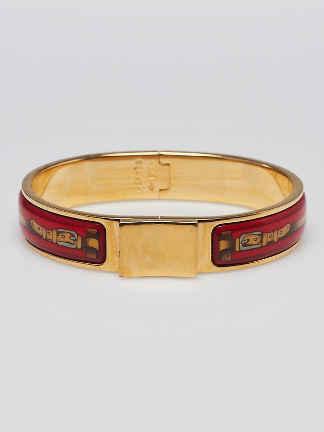 Hermes Red Printed Enamel Gold Plated Bracelet
