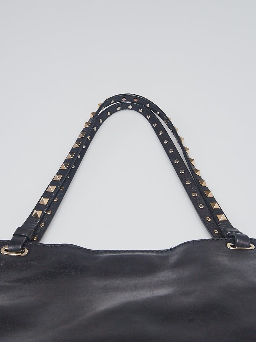 Valentino Black Leather Rockstud Trapeze Medium Tote Bag