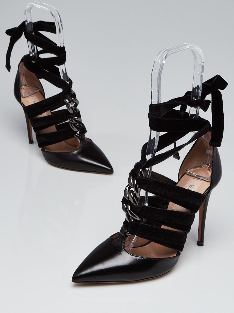 Valentino Black Leather Velvet Ankle Wrap Heels Size 5.5 36