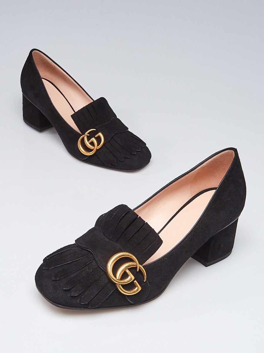 Gucci Black Suede Marmont Loafer Mid Heel Pumps Size 6.5 37