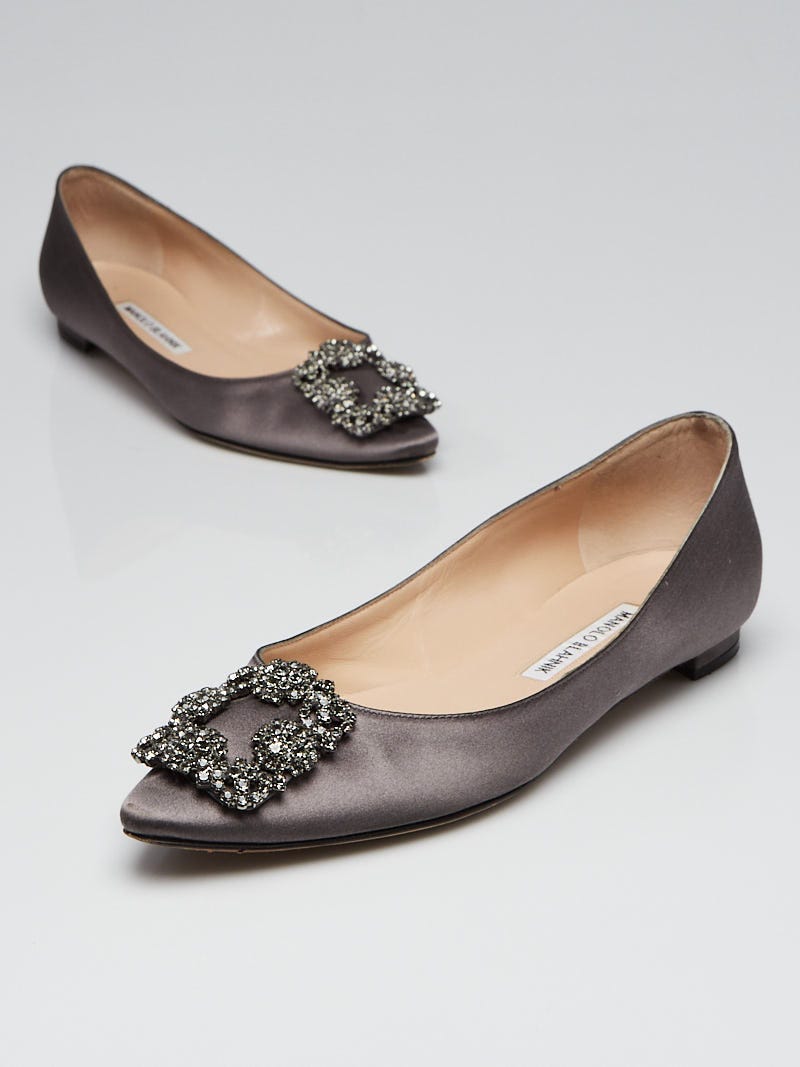 Manolo Blahnik Grey Satin and Crystal Hangisi Ballet Flats Size 6 36.5 Yoogi s Closet