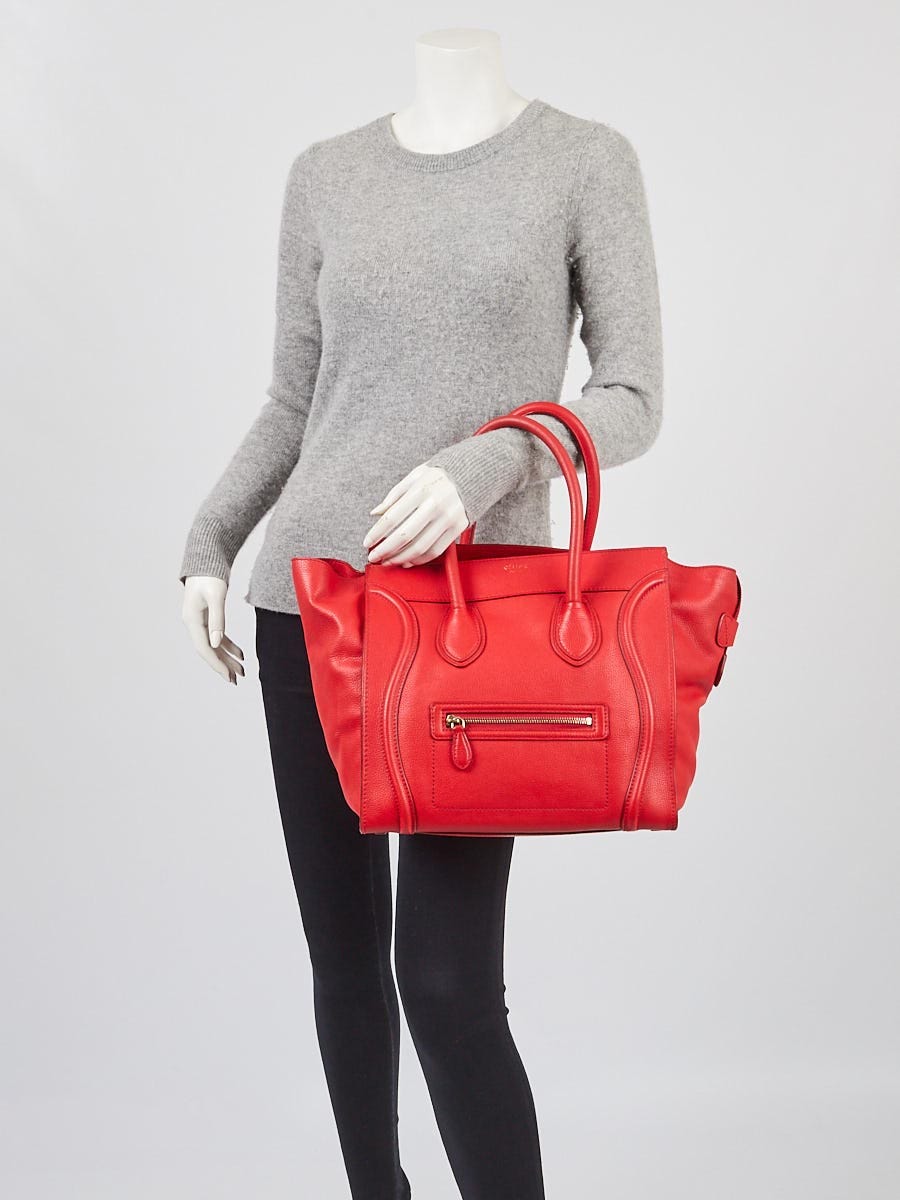 Celine Red Drummed Leather Mini Luggage Tote Bag