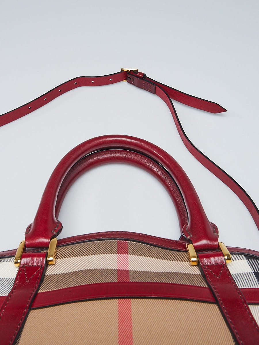 Burberry Red Claret Leather and House Check Canvas Small