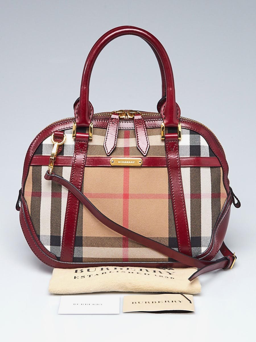 【美品】 Burberry Red Claret Leather and House Check Canvas Small バッグ