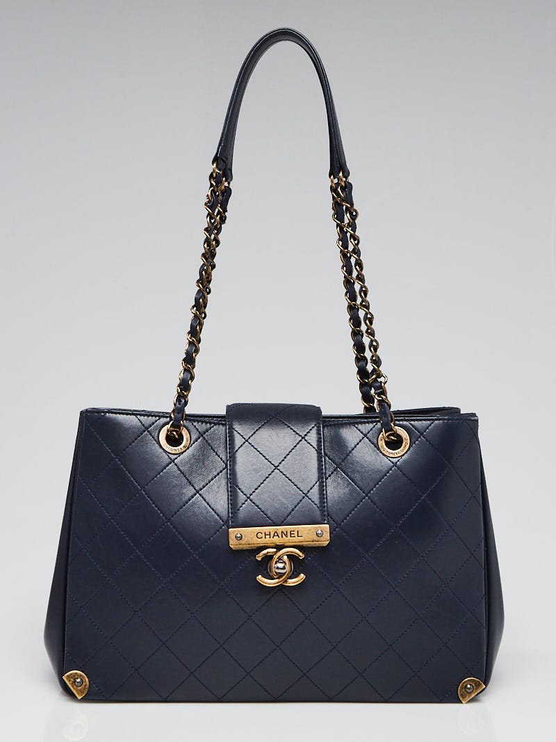 Chanel Navy Blue Quilted Leather Around The Corner Shopping Tote Bag Yoogi s Closet